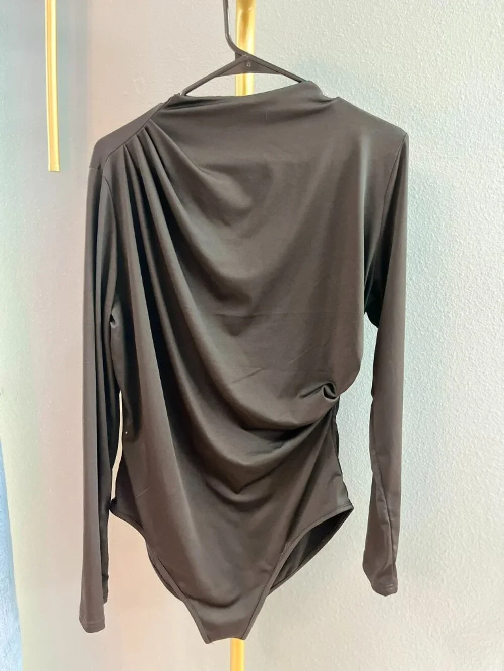 Black Draped Bodysuit XL Extra Large Asymmetrical Cowl Mock Neck Long Sleeve Top